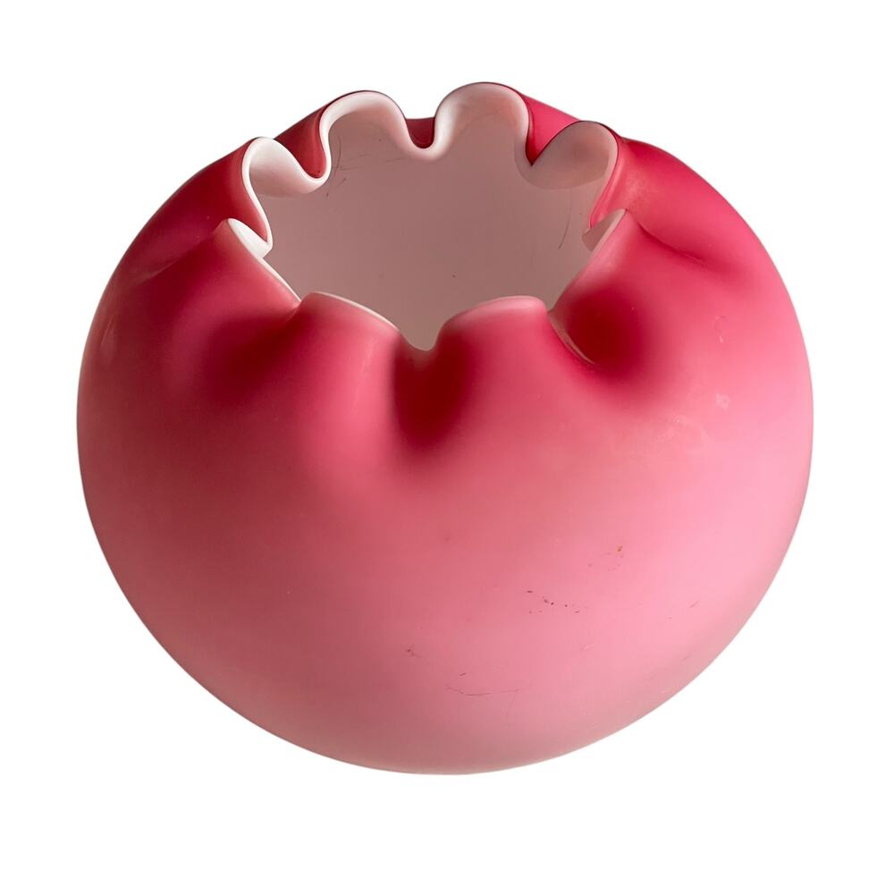 Vintage Victorian Pink Satin Glass Crimped Rose Bowl Ruffled Vase Ombre READ